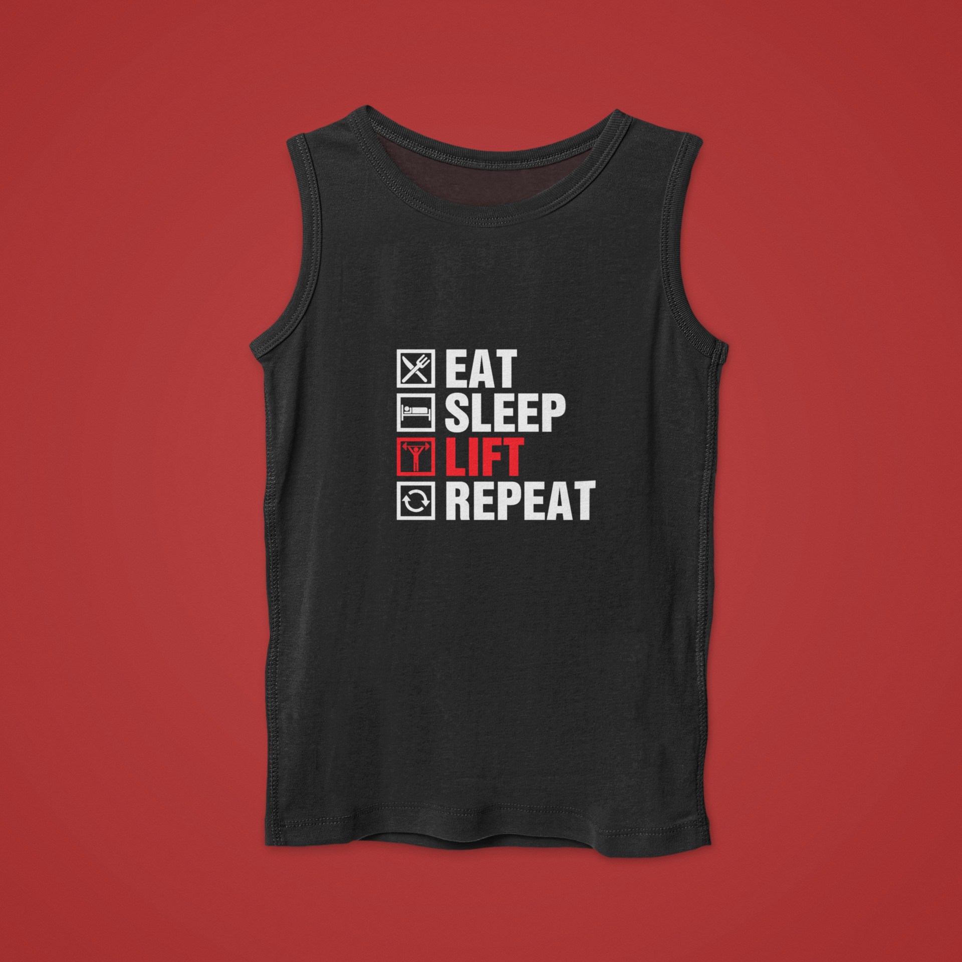 Black tank top with 'Eat Sleep Lift Repeat' text on a red background